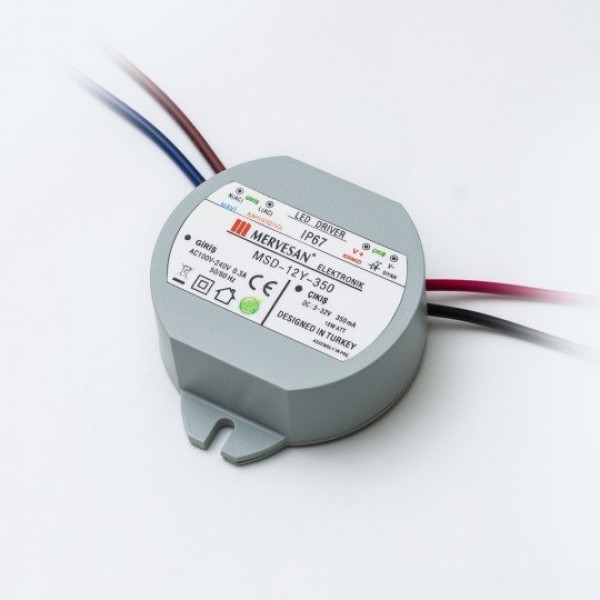 MSD-12Y-350 12W 3-32Vdc/350mA Dairesel Sabit Akım IP67 Led Sürücü