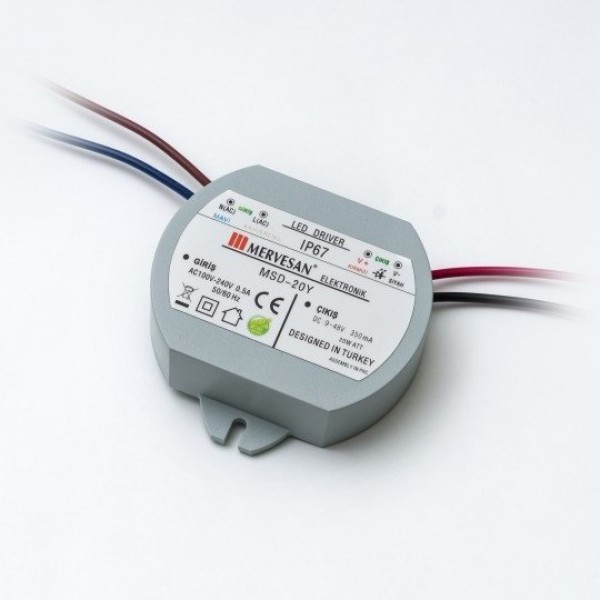 MSD-20Y-500 20W 3-30Vdc/500mA Dairesel Sabit Akım IP67 Led Sürücü
