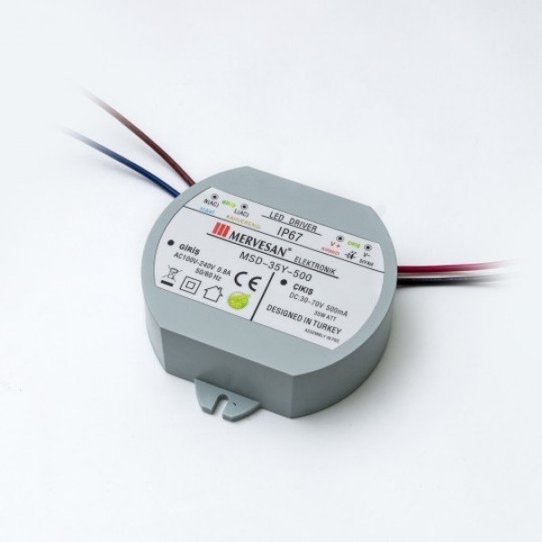 MSD-35Y-500 35W 30-70Vdc/500mA Dairesel Sabit Akım IP67 Led Sürücü